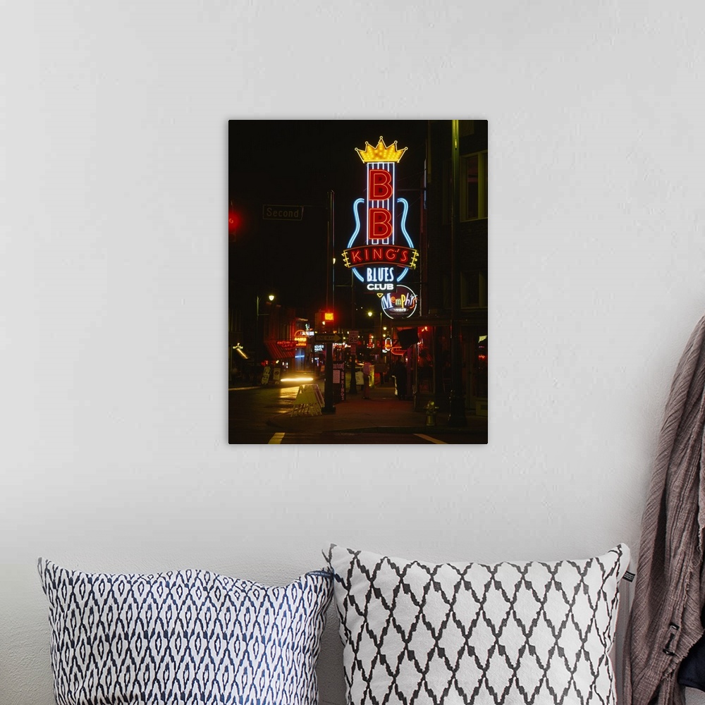 A bohemian room featuring Vertical, large photograph of the street corner featuring the B.B. King's Blues Club neon sign, l...