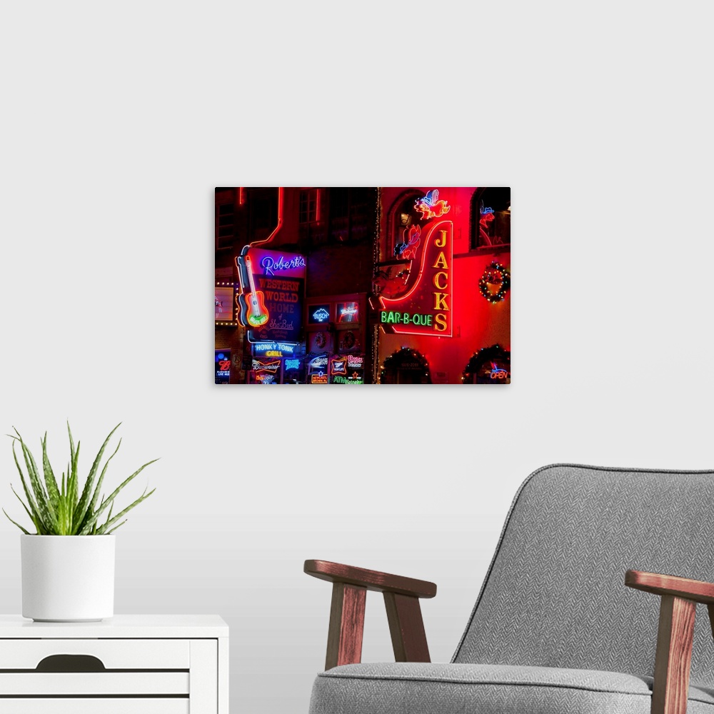 A modern room featuring Neon Signs on Lower Broadway Area, Nashville, Tennessee, USA