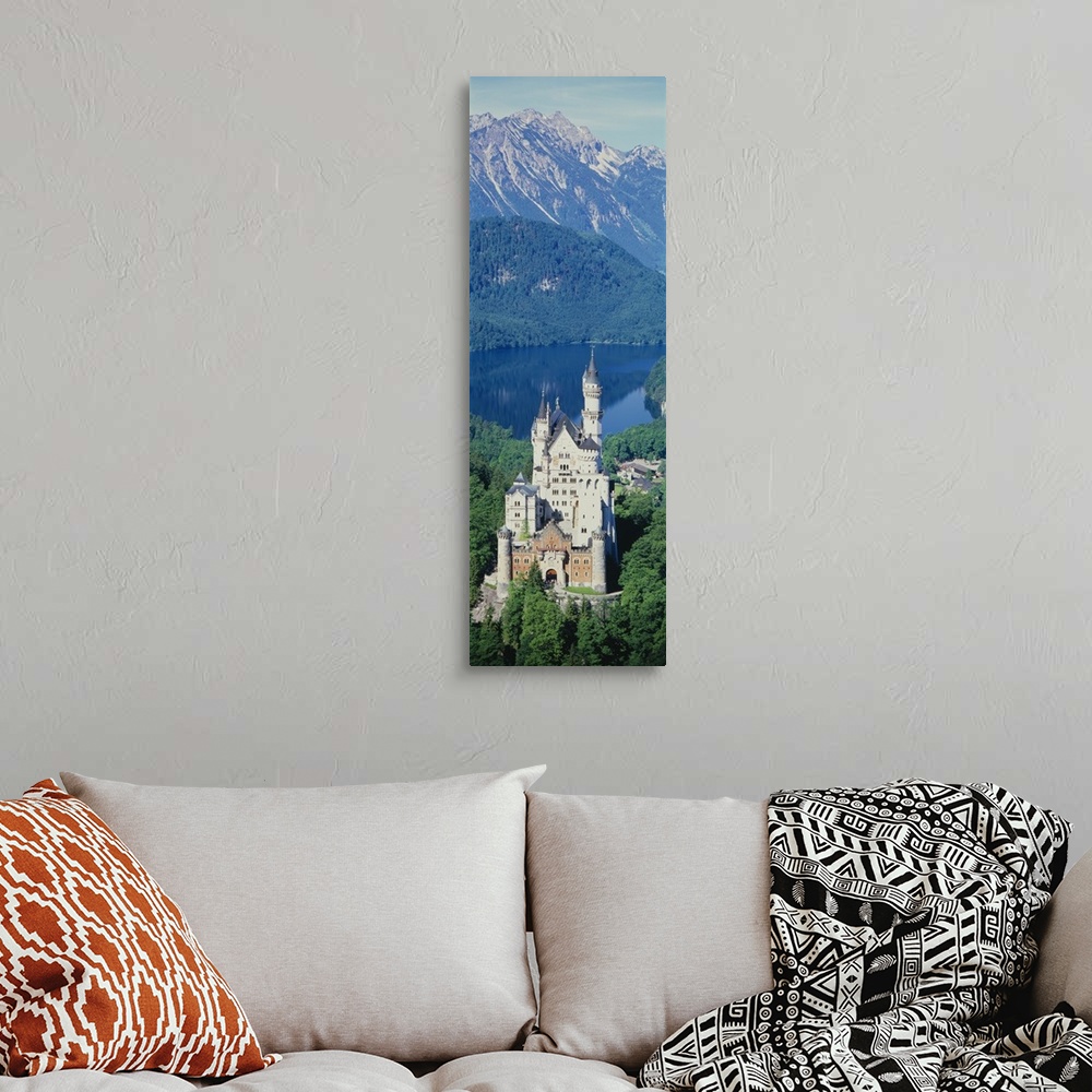 A bohemian room featuring Vertical panoramic photograph of choteau with lake and snow covered mountains in the distance.
