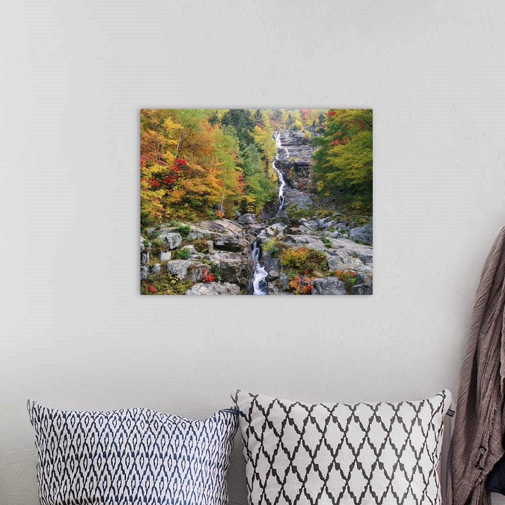 A bohemian room featuring Photograph of waterfall surrounded by rocky terrain and a fall forest.