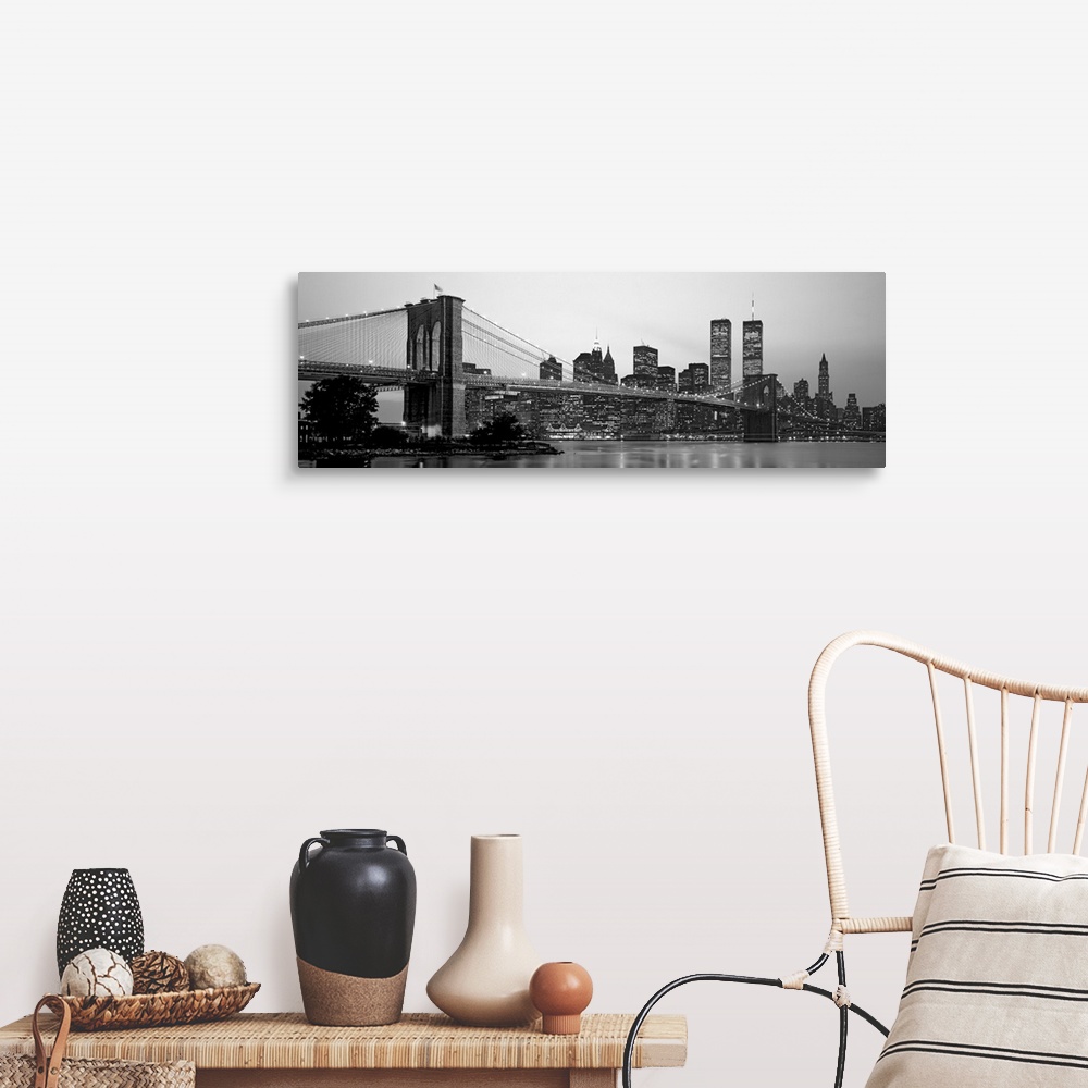 A farmhouse room featuring Panoramic photograph of the Brooklyn Bridge against a skyline filled with skyscrapers in New York...