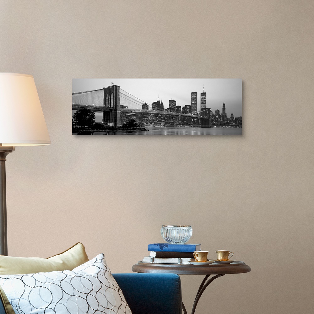 A traditional room featuring Panoramic photograph of the Brooklyn Bridge against a skyline filled with skyscrapers in New York...