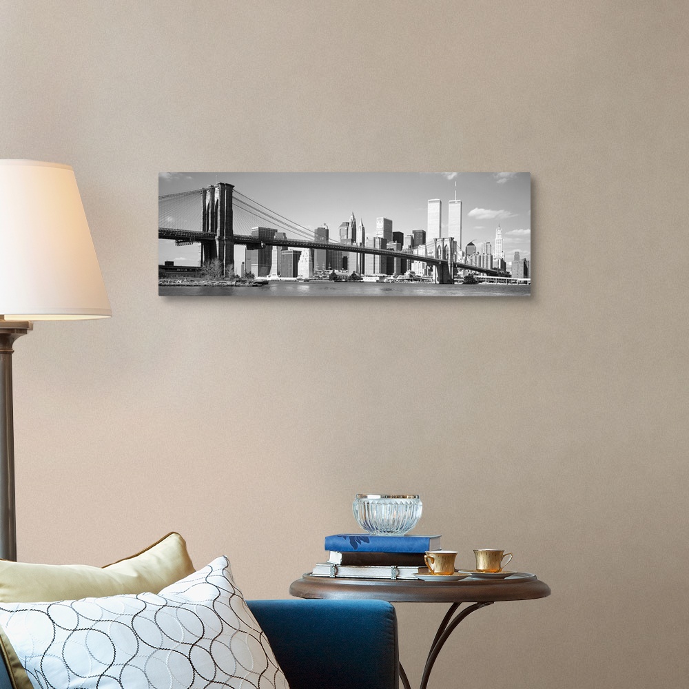 A traditional room featuring Taken from the water on a sunny day this panoramic photograph shows the entire bridge and most of...