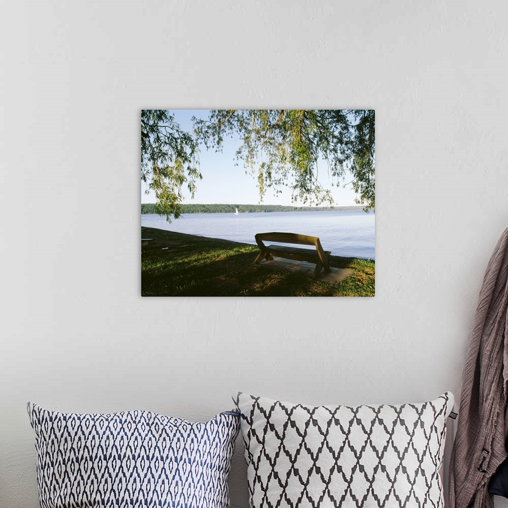 A bohemian room featuring New York, Finger Lakes region, Taughannock Falls State Park, Sailboat in Cayuga Lake
