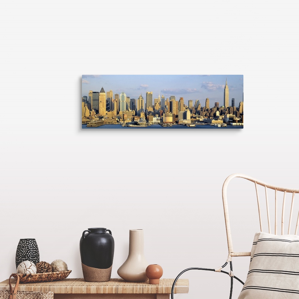 A farmhouse room featuring Panoramic photograph shows the daytime skyline of a busy city within the Northeastern United Stat...