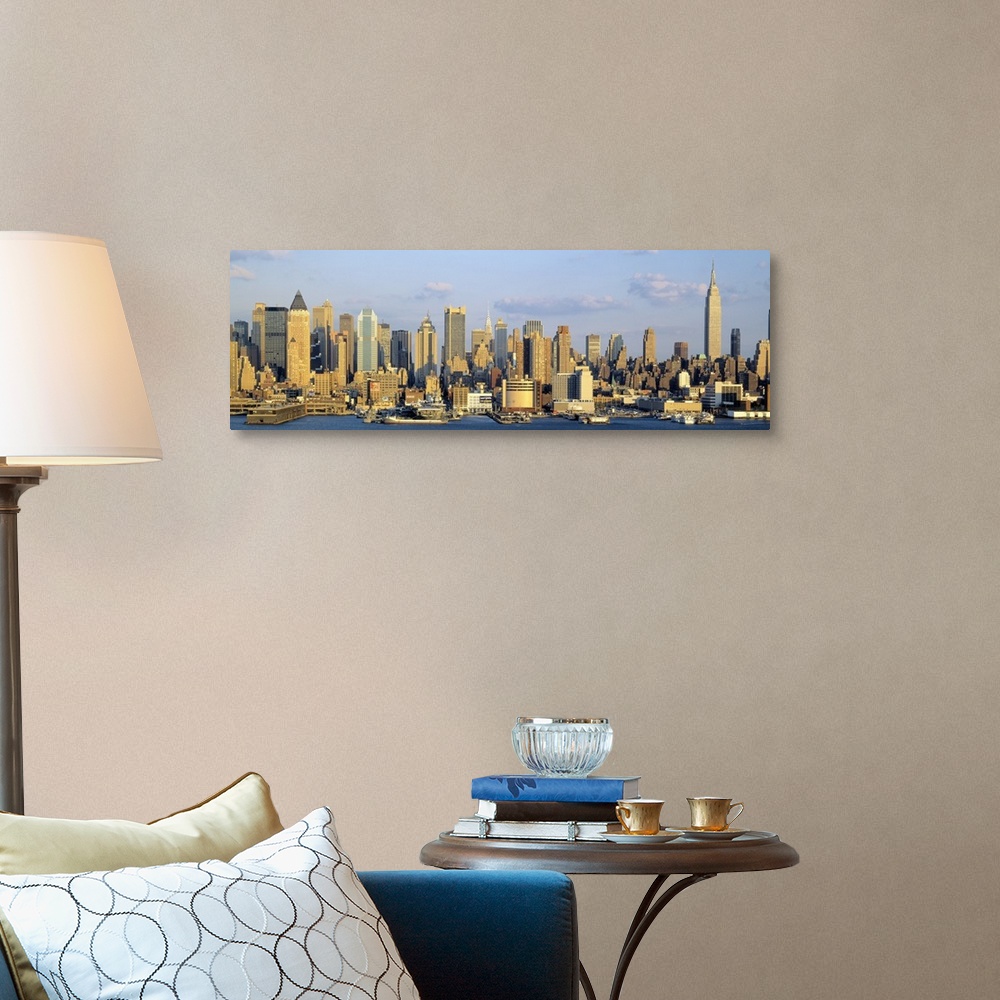 A traditional room featuring Panoramic photograph shows the daytime skyline of a busy city within the Northeastern United Stat...