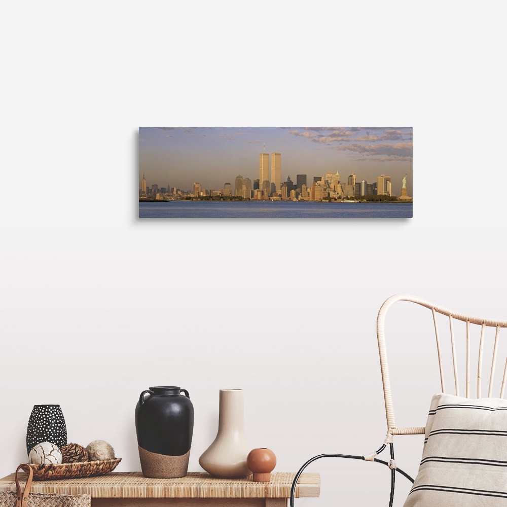 A farmhouse room featuring Panoramic image of the NYC skyline with the Twin Towers at sunset.