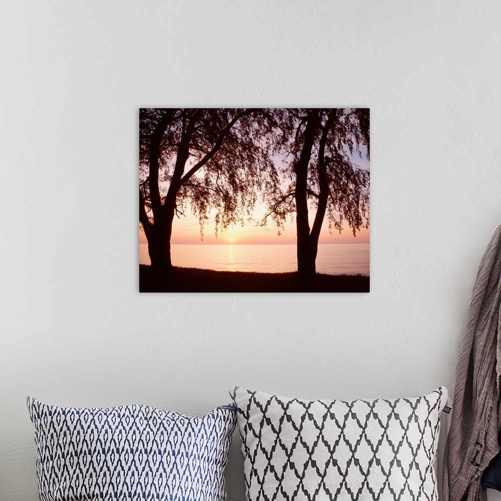 A bohemian room featuring New York, Sodus Bay, Lake Ontario, Sunset over a lake
