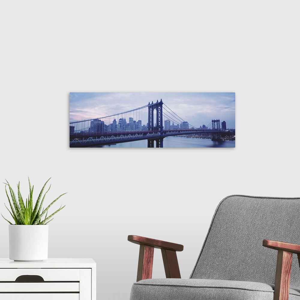 A modern room featuring New York State, New York City, Manhattan Bridge, Skyscrapers in a city