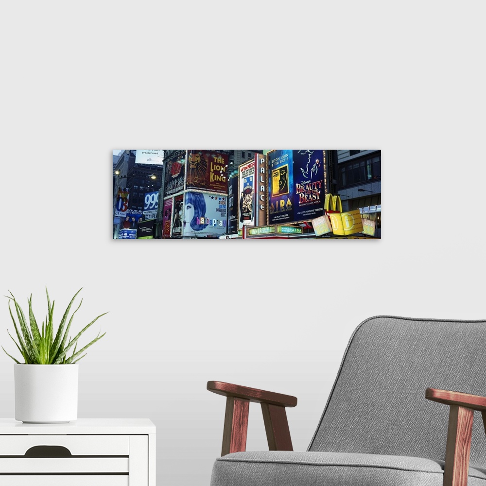 A modern room featuring New York State, New York City, Times Square, Billboards on buildings in a city