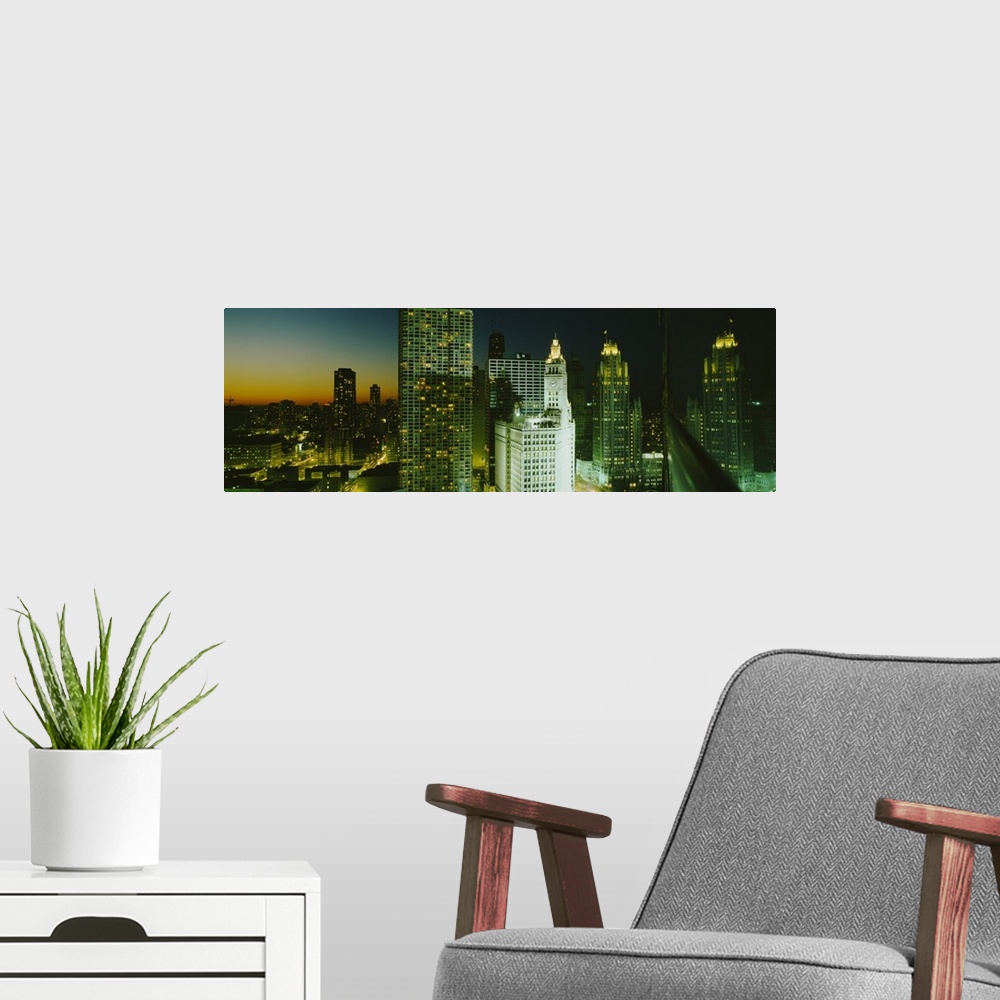 A modern room featuring Panoramic photo on canvas of the Chicago cityscape at sunset.