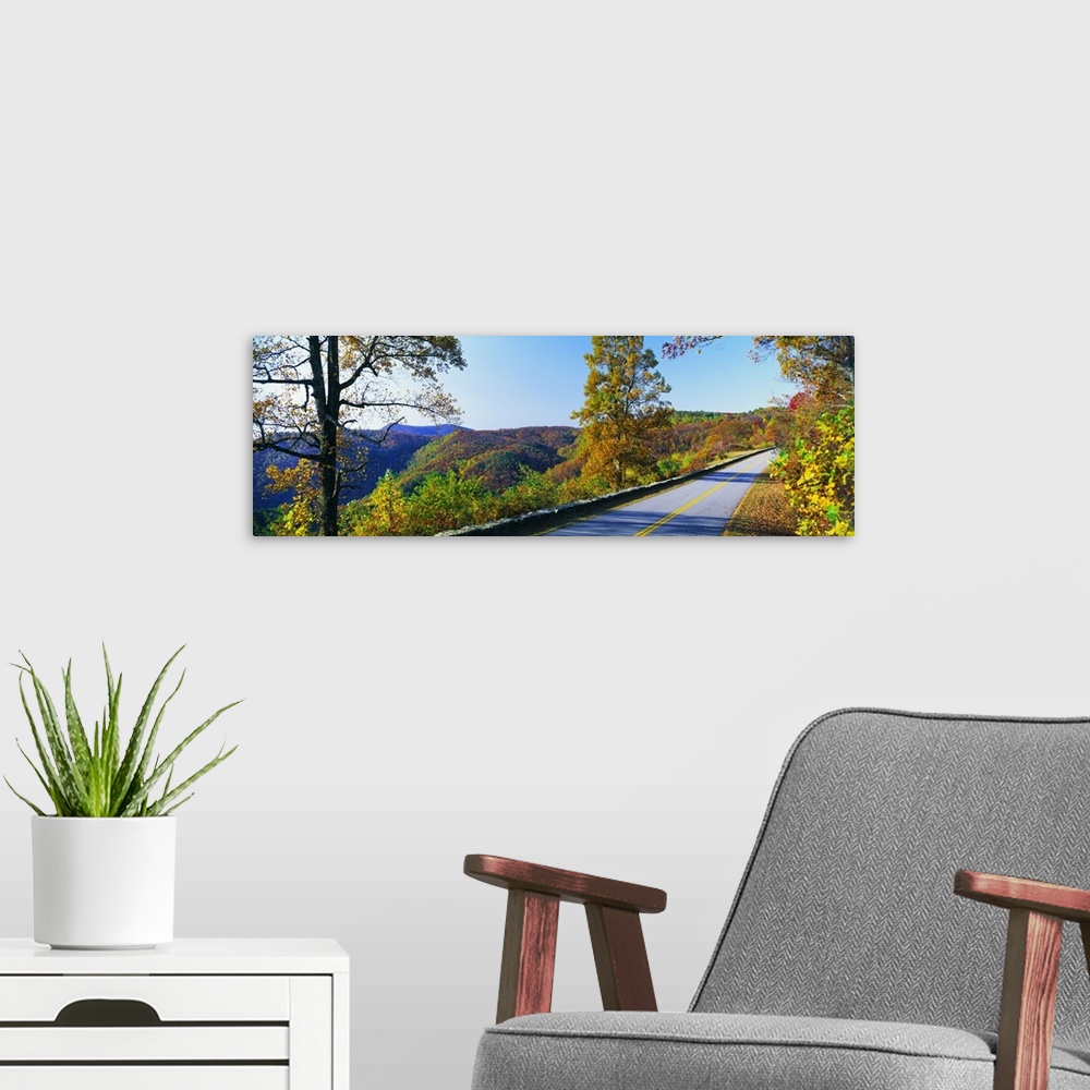 A modern room featuring Panorama of the Blue Ridge Parkway, Blue Ridge Mountains and fall leaves of North Carolina.