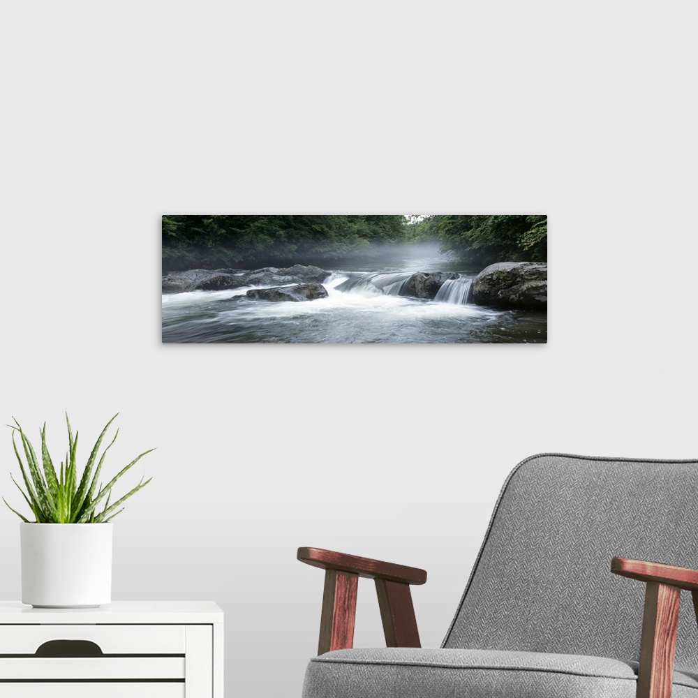 A modern room featuring Panoramic photograph shows a waterway within the Southeastern United States as it rushes over a s...