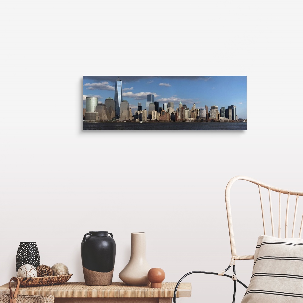 A farmhouse room featuring Panoramic view of New York City Skyline on water featuring One World Trade Center (1WTC), Freedom...