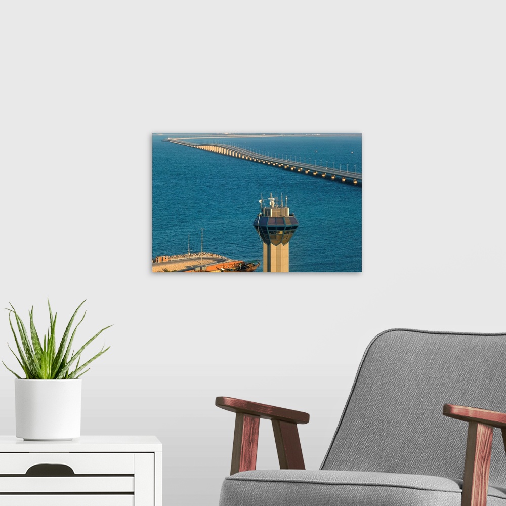 A modern room featuring Observation tower and causeway in the sea, King Fahd Causeway, Bahrain