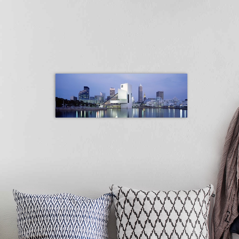 A bohemian room featuring Cleveland, Ohio panorama with Rock and Roll Hall of Fame and downtown waterfront.