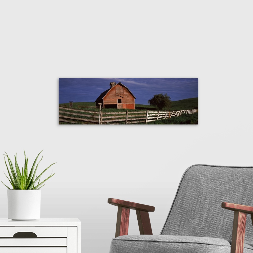 A modern room featuring Old barn with a fence in a field, Palouse, Whitman County, Washington State,