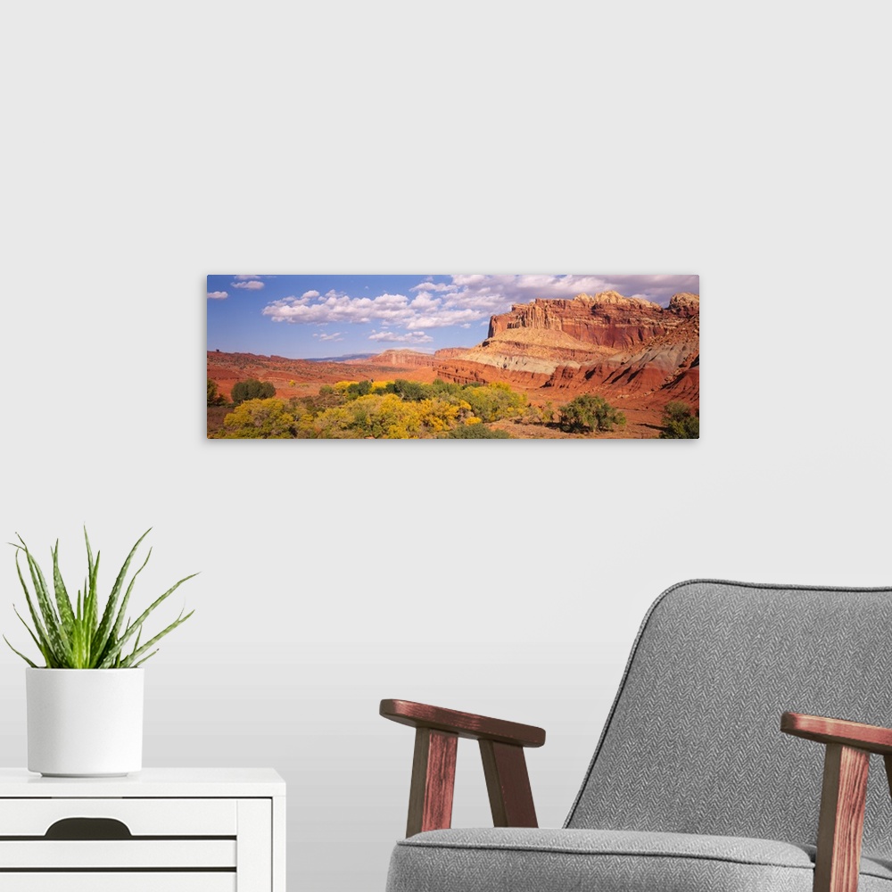 A modern room featuring Orchards in front of sandstone cliffs, Capitol Reef National Park, Utah