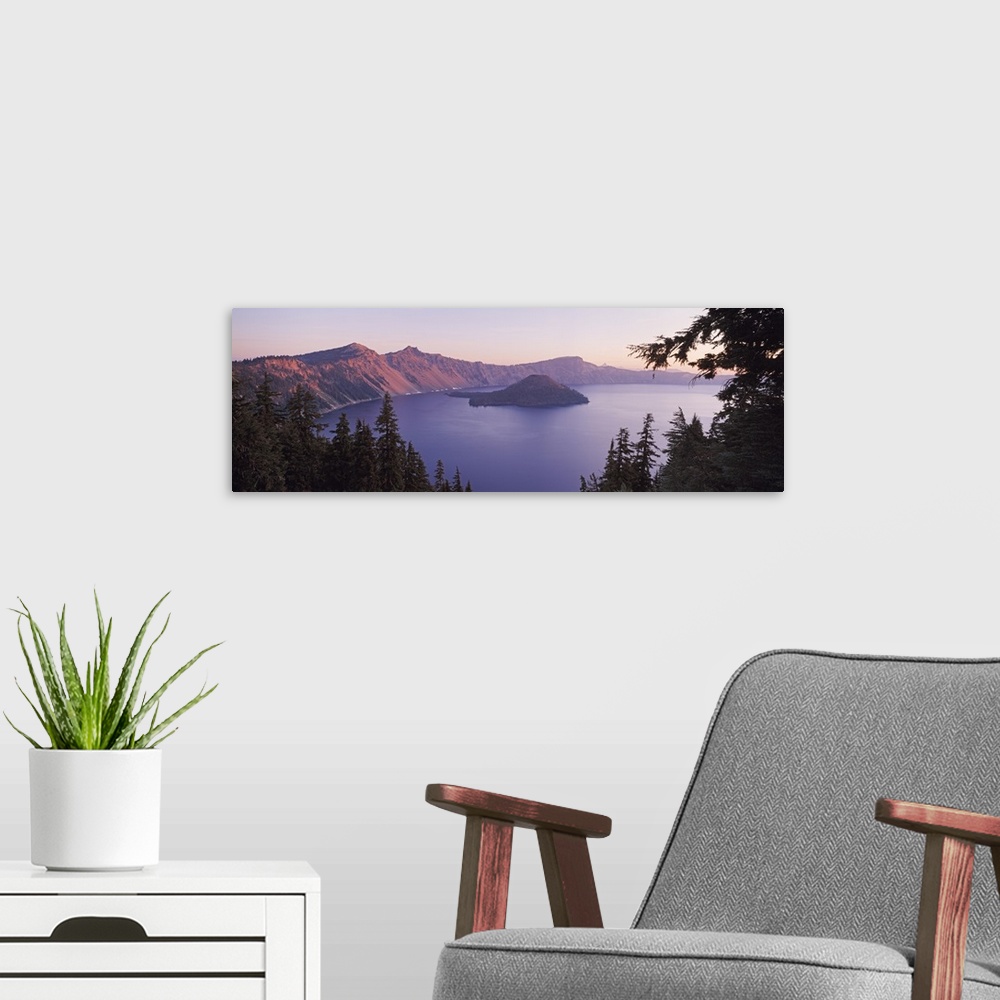 A modern room featuring Oregon, Crater Lake, Aerial view of mountains around a lake