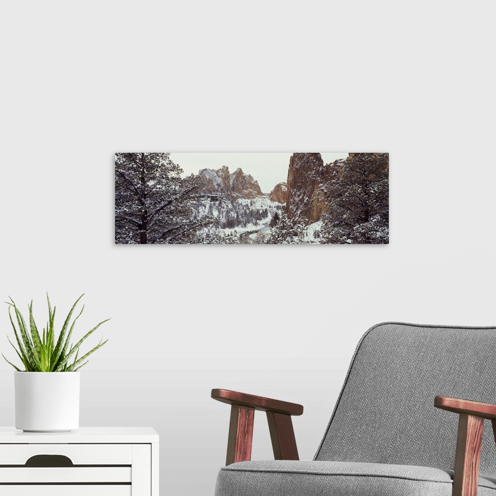 A modern room featuring Oregon, Deschutes County, Smith Rock State Park, Mountain covered with snow