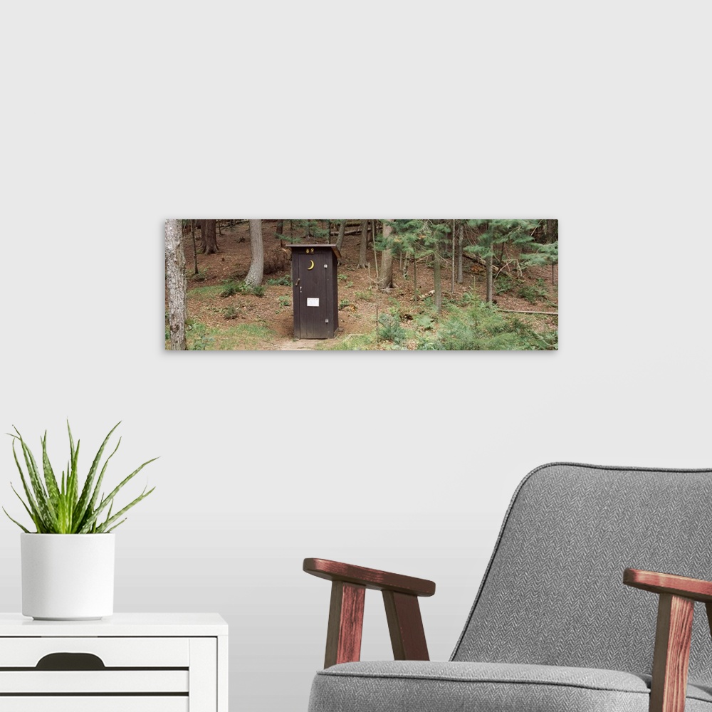 A modern room featuring Outhouse in a forest, Adirondack Mountains, New York State,