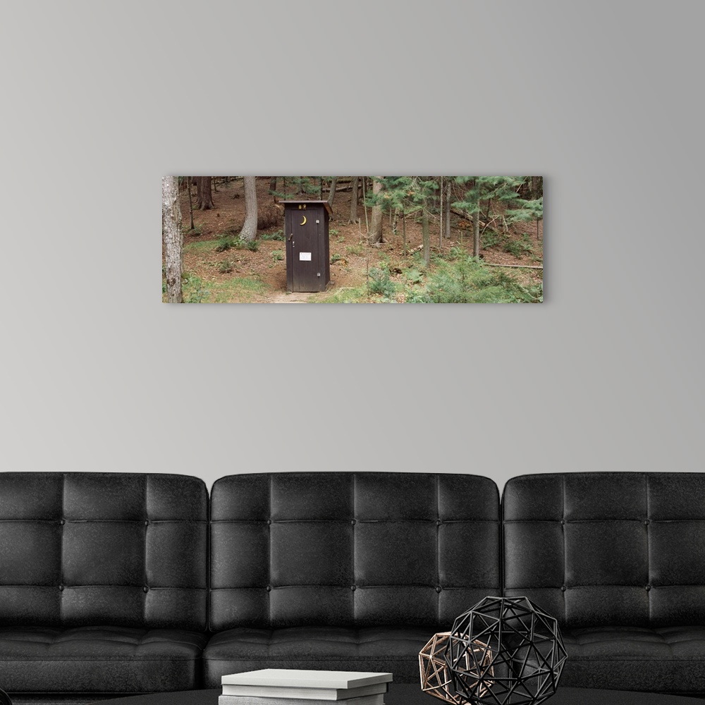 A modern room featuring Outhouse in a forest, Adirondack Mountains, New York State,