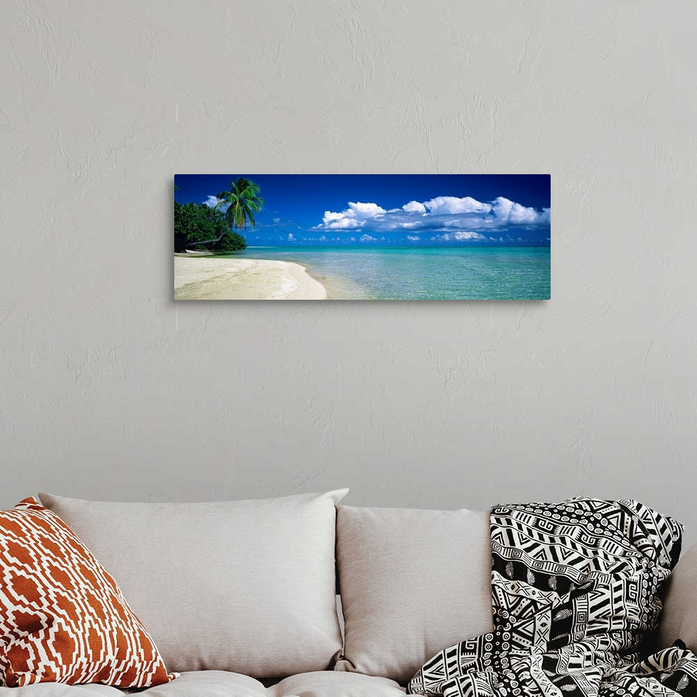 A bohemian room featuring Panoramic landscape photograph of tropical plants growing the edge of the water on the shore.