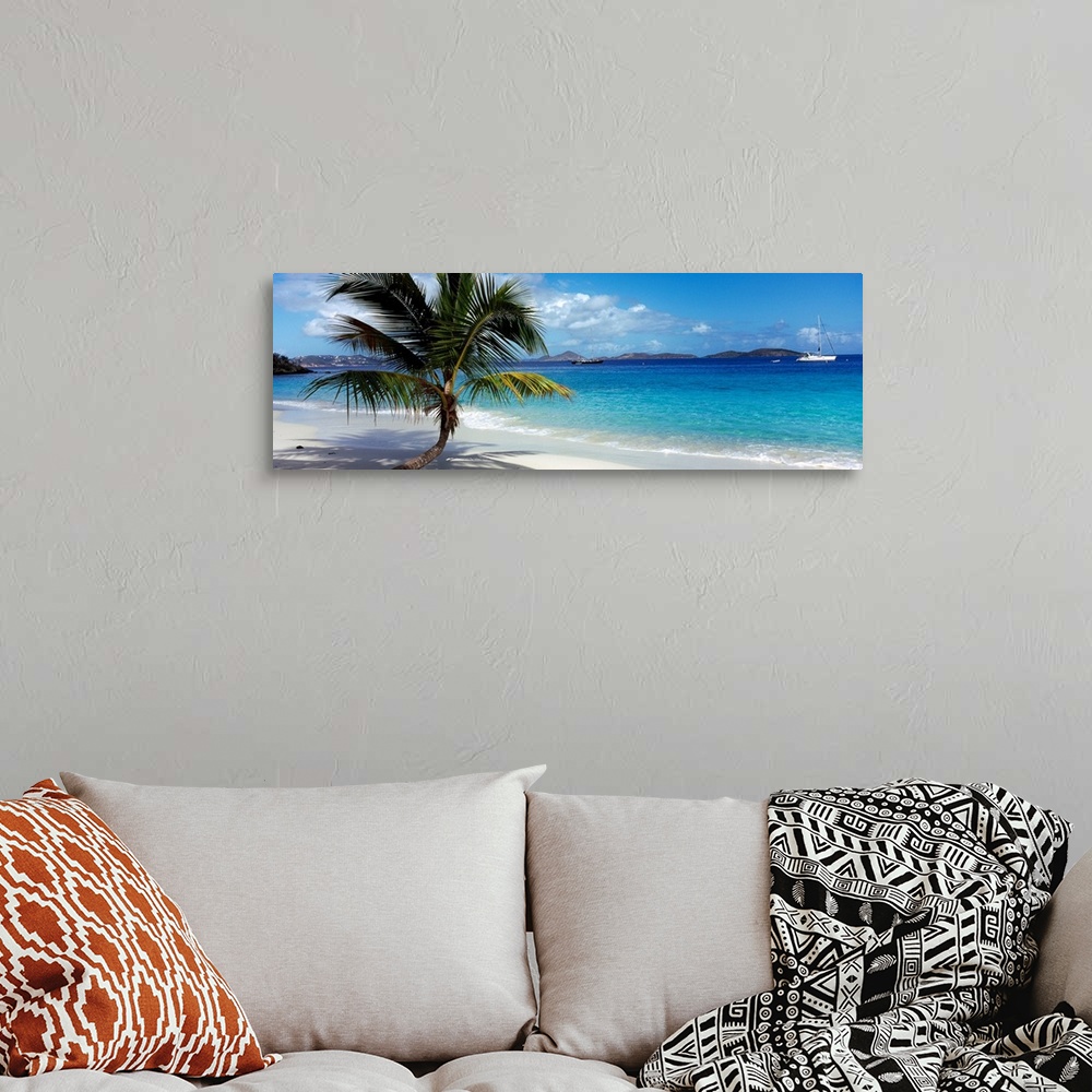 A bohemian room featuring Panoramic photo on canvas of a big palm tree sticking out onto the ocean shore with a sail boat a...