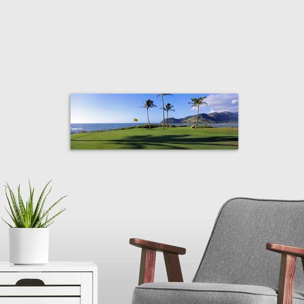 A modern room featuring Palm trees on a golf course at the seaside, Kiele Course, Number 13, Kauai Lagoons Golf Club, Lih...