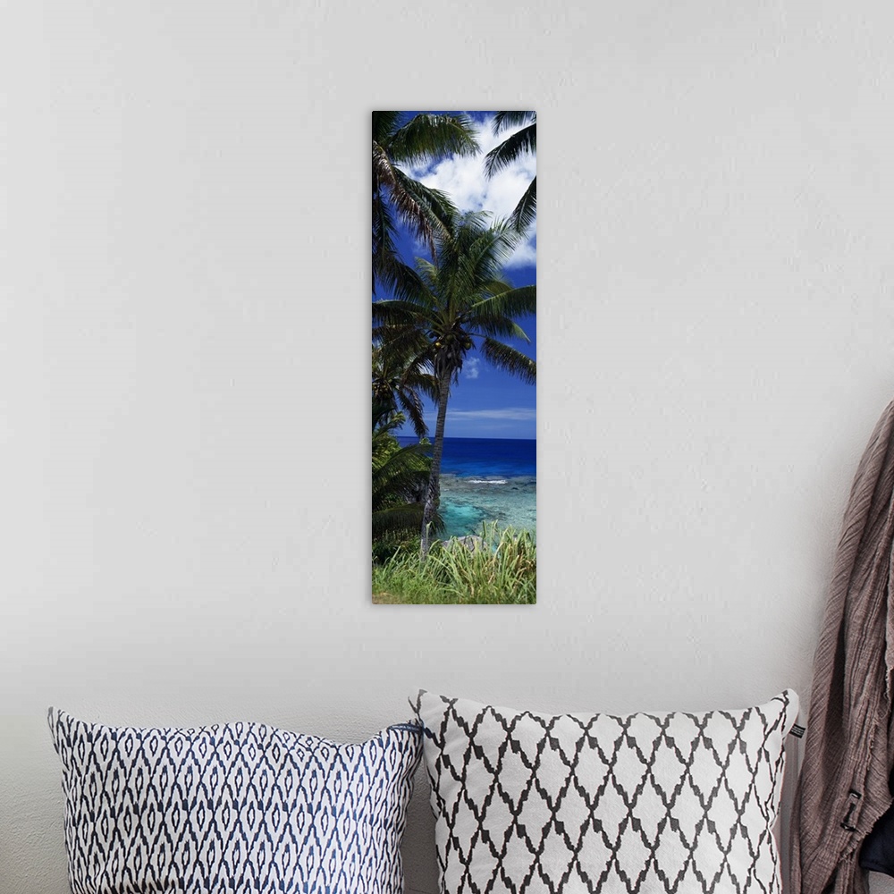A bohemian room featuring Vertical panoramic photograph taken of a palm tree with a view of inviting water just below.