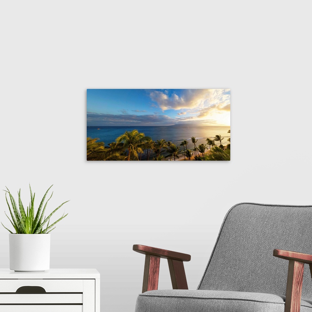 A modern room featuring Palm trees on the beach at dusk, Kaanapali, Maui, Hawaii, USA.