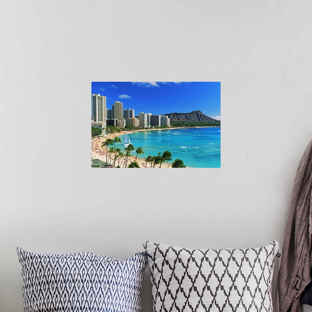 A bohemian room featuring Palm trees on the beach, Diamond Head, Waikiki Beach, Oahu, Honolulu, Hawaii, USA