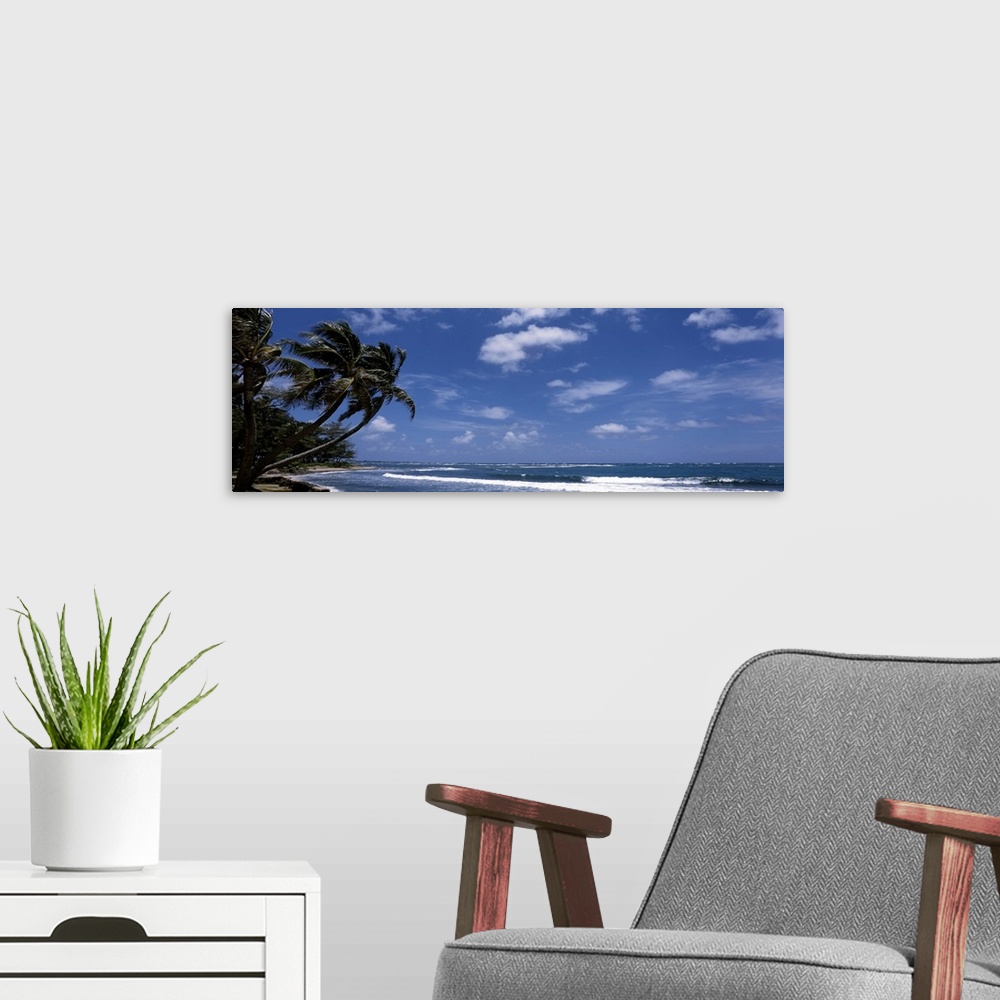 A modern room featuring Vista of a mostly clear sky over the Pacific Ocean, with waves headed towards the palm trees hang...