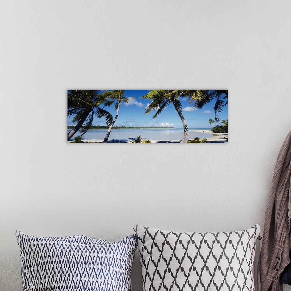 A bohemian room featuring Panoramic photo of palm trees blowing in the wind by the crystal clear French Polynesian waters.