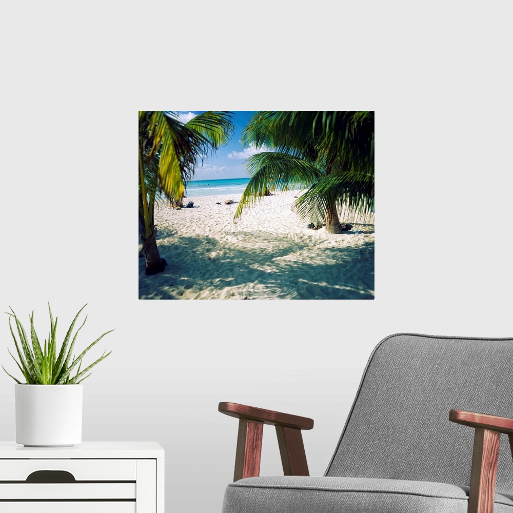 A modern room featuring Huge photograph displays the view of a sandy beach and ocean through the fronds of a few tropical...