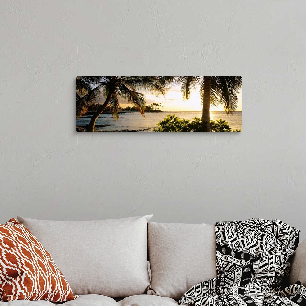 A bohemian room featuring Panoramic wall art photo for the office or home of the Hawaiian coast; palm trees frame the sun s...