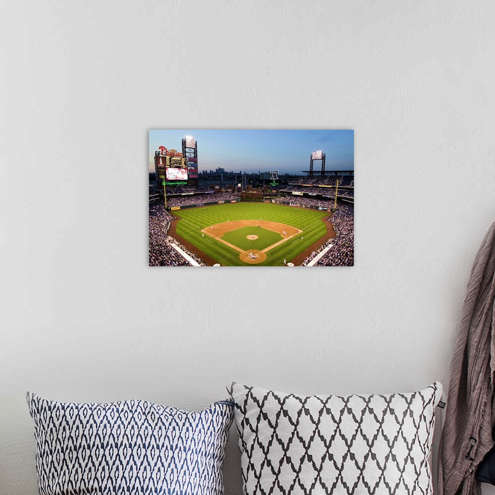 A bohemian room featuring Panoramic view of 29,183 baseball fans at Citizens Bank Park, Philadelphia, PA, who are watching ...
