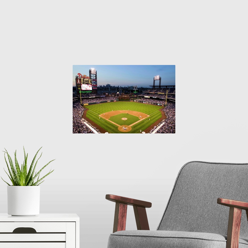 A modern room featuring Panoramic view of 29,183 baseball fans at Citizens Bank Park, Philadelphia, PA, who are watching ...
