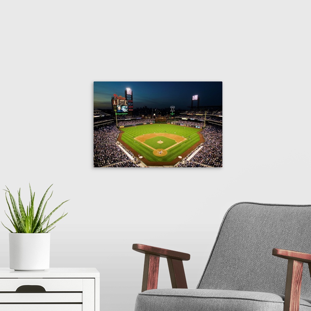 A modern room featuring Panoramic view of 29,183 baseball fans at Citizens Bank Park, Philadelphia, PA, who are watching ...
