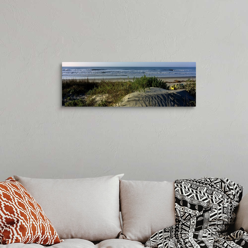 A bohemian room featuring Panoramic photograph taken from behind the dunes on a beach showing small waves in the ocean abou...