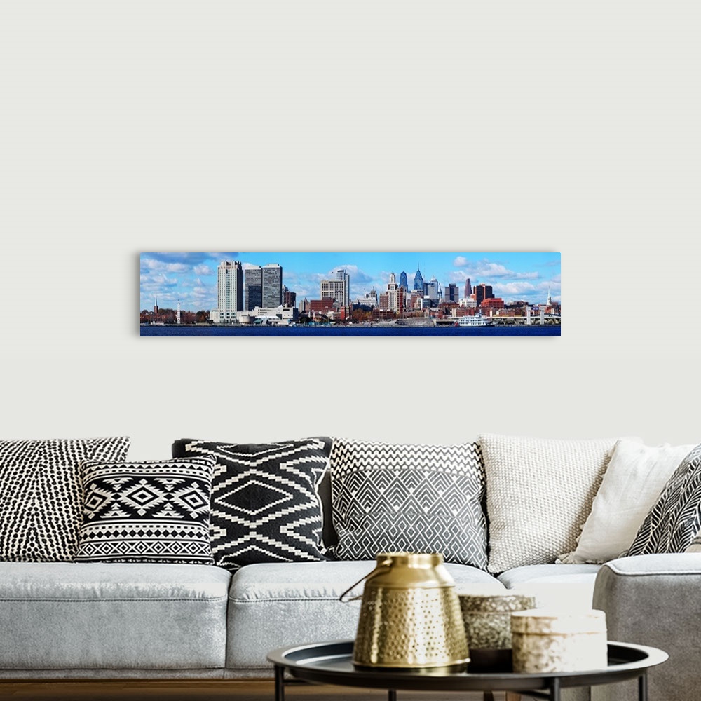 A bohemian room featuring Panoramic view of a city at the waterfront, Delaware River, Philadelphia, Pennsylvania