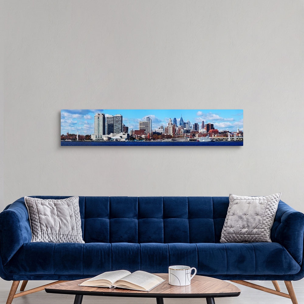 A modern room featuring Panoramic view of a city at the waterfront, Delaware River, Philadelphia, Pennsylvania