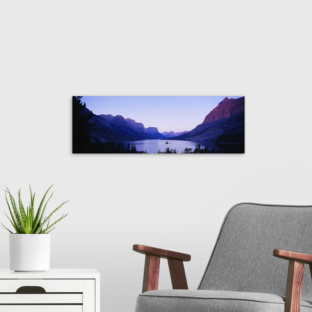 A modern room featuring Panoramic view of a lake, Wild Goose Island, Saint Mary Lake, Glacier National Park, Montana
