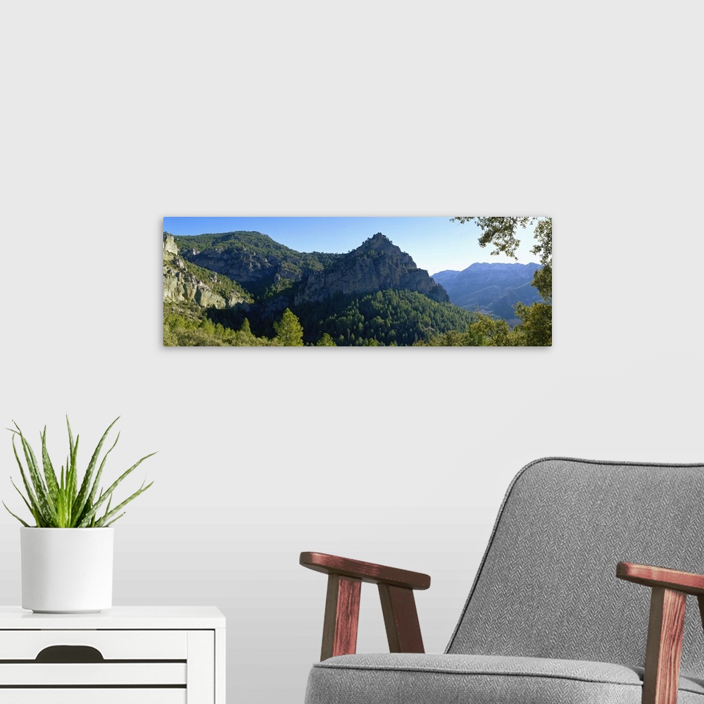 A modern room featuring Panoramic view of a mountain, Sierra de Segura, Jaen Province, Andalusia, Spain