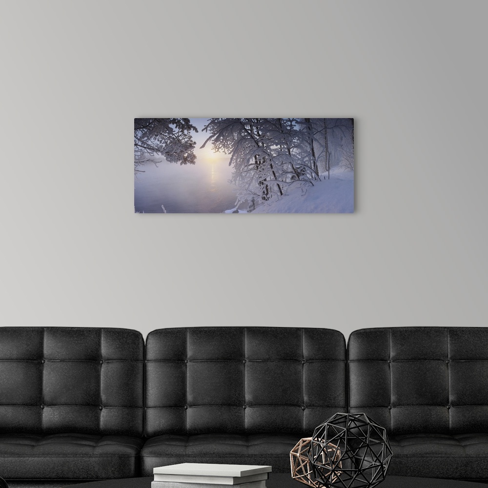 A modern room featuring Panoramic view of a river in winter, Vuoksi River, Imatra, Finland