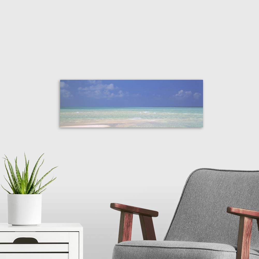 A modern room featuring Panoramic canvas photo of a clear ocean meeting a sandy beach.