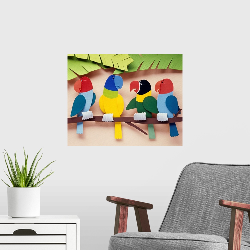 A modern room featuring Parrots on a branch
