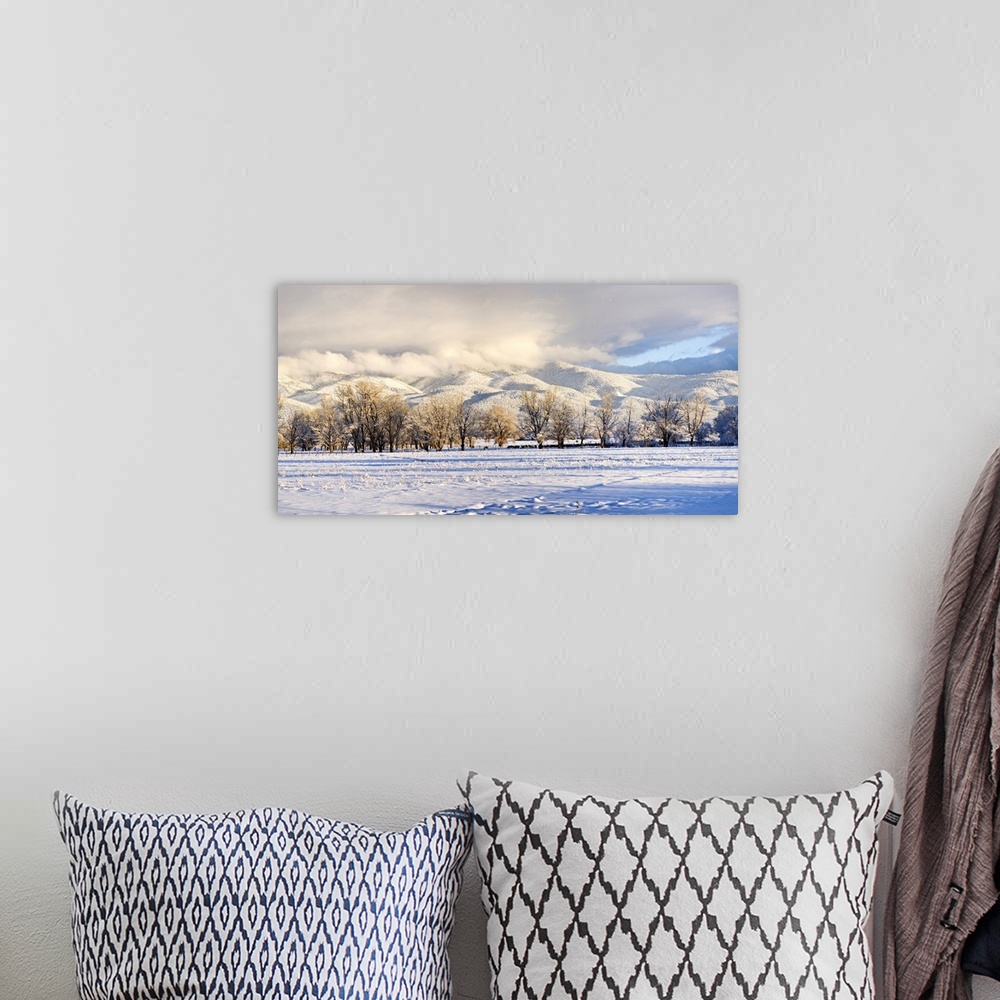 A bohemian room featuring Pasture land covered in snow with Taos Mountain in the background, Sangre De Cristo Range, San Lu...