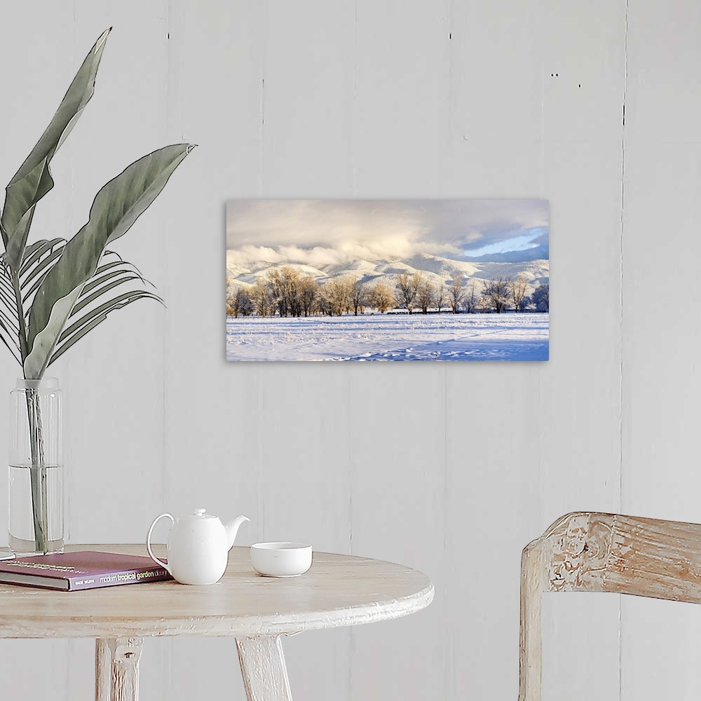 A farmhouse room featuring Pasture land covered in snow with Taos Mountain in the background, Sangre De Cristo Range, San Lu...