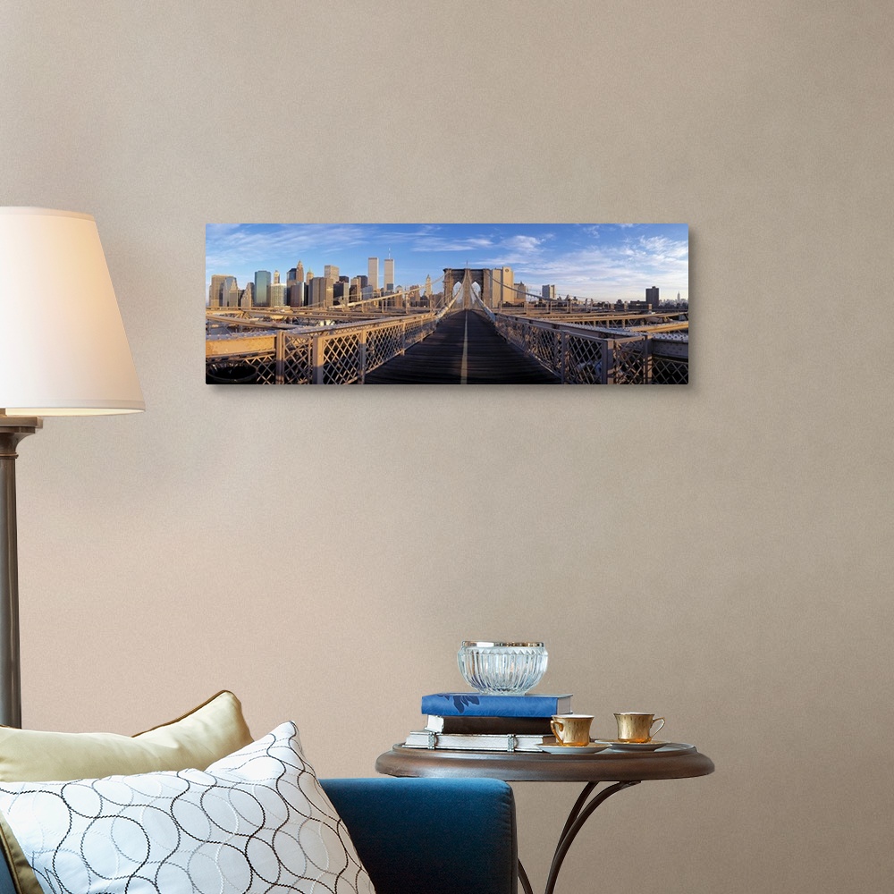A traditional room featuring Panoramic view from the Brooklyn Bridge of walk into Manhattan with skyscrapers in the background.